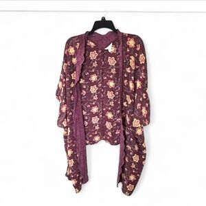 Floral Boho Duster Cardigan Crochet Trim M/L Open Front Lightweight Layer